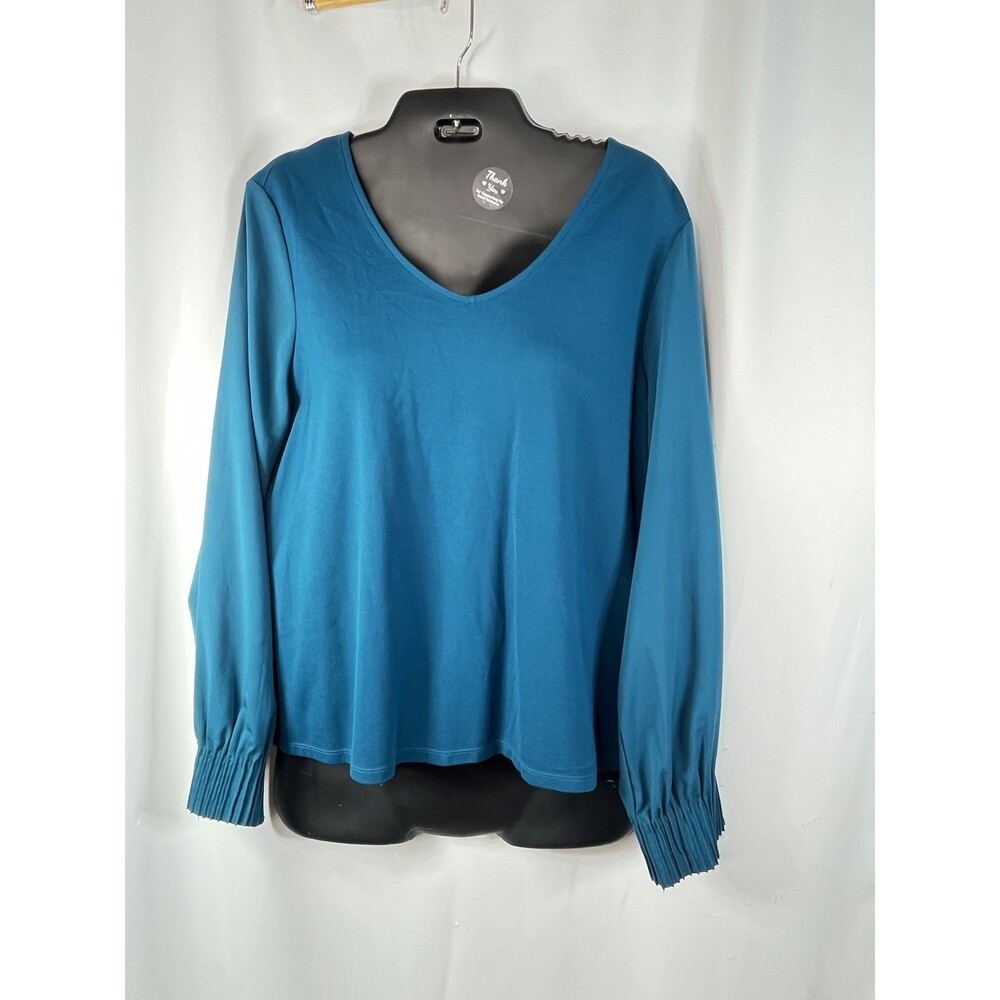 Chico's Blouse Womens 1 M Blue V Neck Long Sleeve Pleated Cuff Jersey Top
